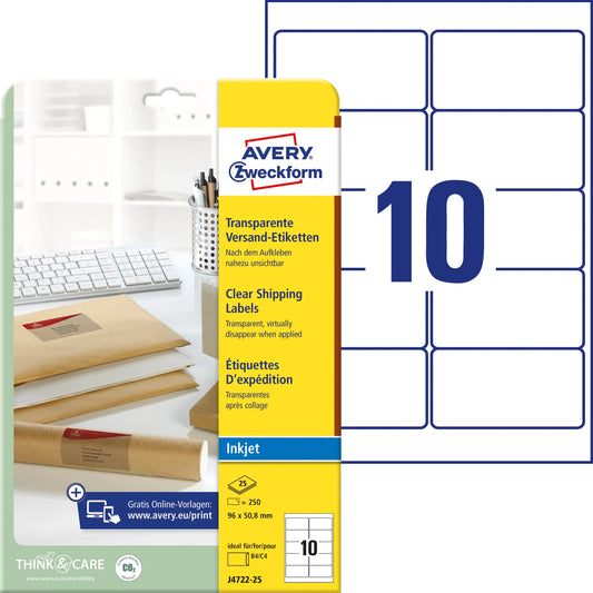 AVERY ZWECKFORM Etiketten 96x50,8mm J4722-25 transparent 250 Stück Idealshop