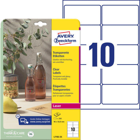 AVERY ZWECKFORM Etiketten 96x50,8mm L7783-25 glasklar 250 Stück Idealshop