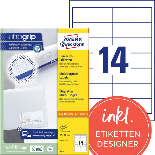 AVERY ZWECKFORM Etiketten 97x37mm 3678 weiss 1400 Stk./100 Blatt Idealshop