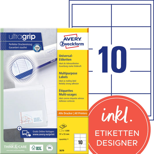 AVERY ZWECKFORM Etiketten 97x55mm 3679 weiss 1000 Stk./100 Blatt Idealshop