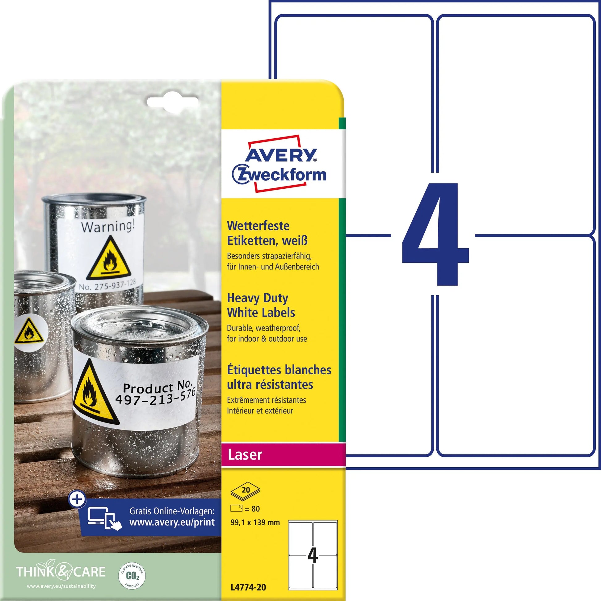 AVERY ZWECKFORM Etiketten 99.1x139mm L4774-20 wetterfest, weiss 20 Blatt Idealshop