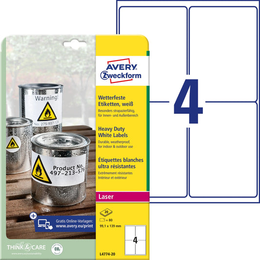 AVERY ZWECKFORM Etiketten 99.1x139mm L4774-20 wetterfest, weiss 20 Blatt Idealshop