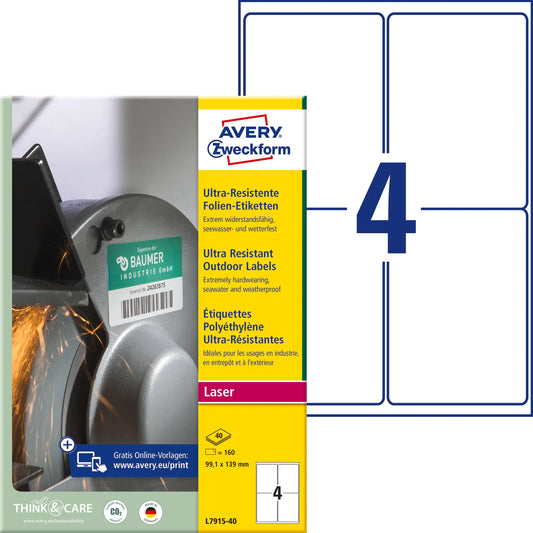 AVERY ZWECKFORM Etiketten 99.1x139mm L7915-40 weiss, matt, A4 40 Blatt Idealshop