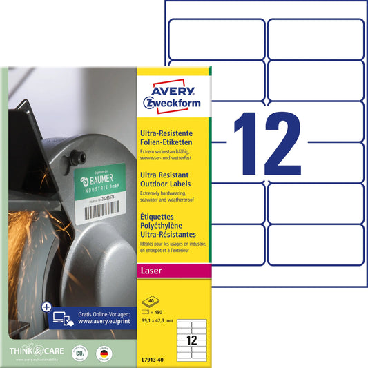 AVERY ZWECKFORM Etiketten 99.1x42.3mm L7913-40 weiss,ultra-resistent 40 Blatt Idealshop