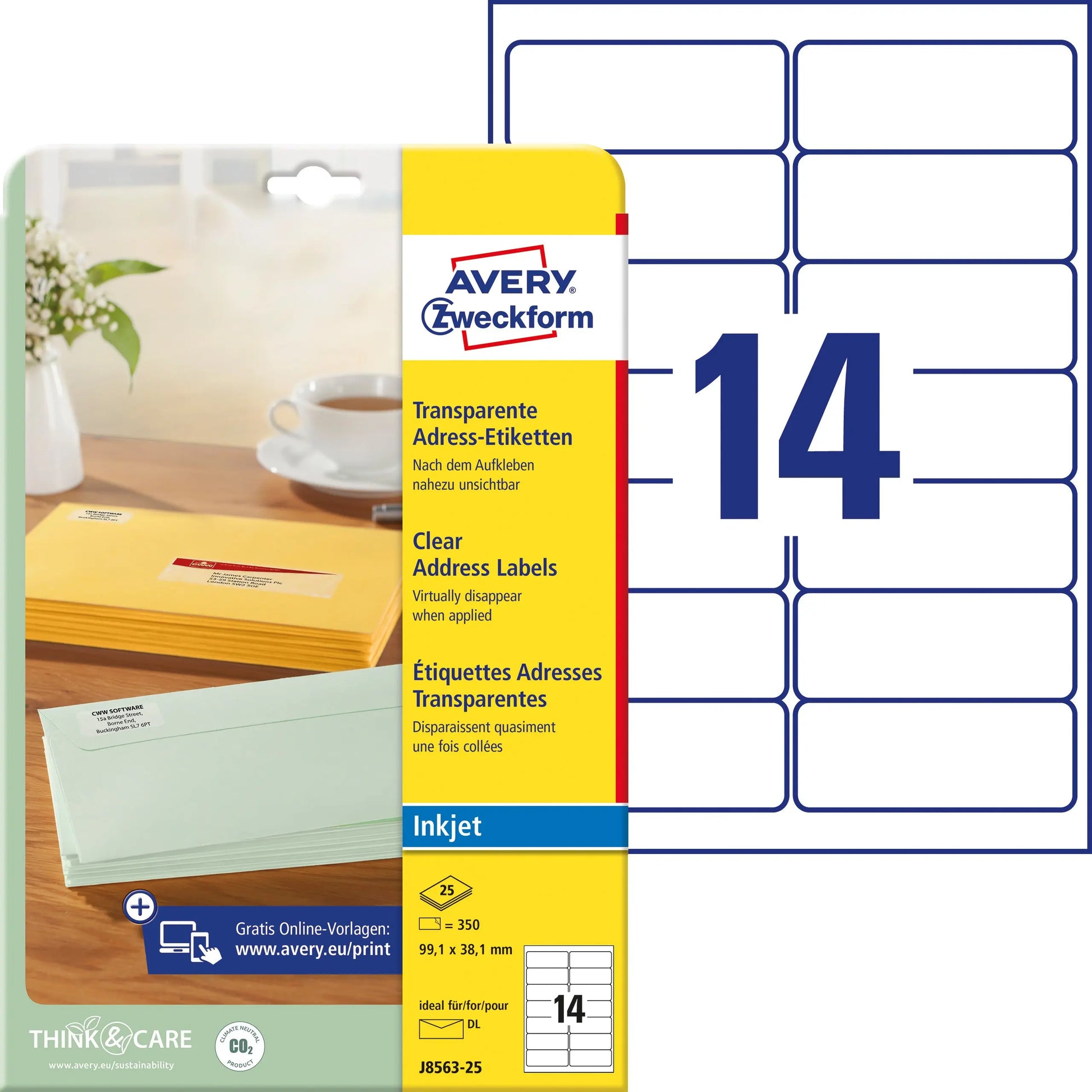 AVERY ZWECKFORM Etiketten 99,1x38,1mm J8563-25 transparent 350 Stück Idealshop