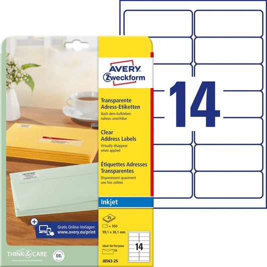 AVERY ZWECKFORM Etiketten 99,1x38,1mm J8563-25 transparent 350 Stück Idealshop