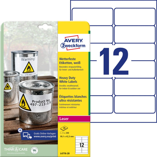 AVERY ZWECKFORM Etiketten 99,1x42,3mm L4776-20 Folie,wetterf. 240 Stk./20Bl. Idealshop