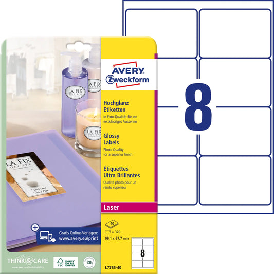 AVERY ZWECKFORM Etiketten 99,1x67,7mm L7765-40 weiss, glossy 320 Stück Idealshop