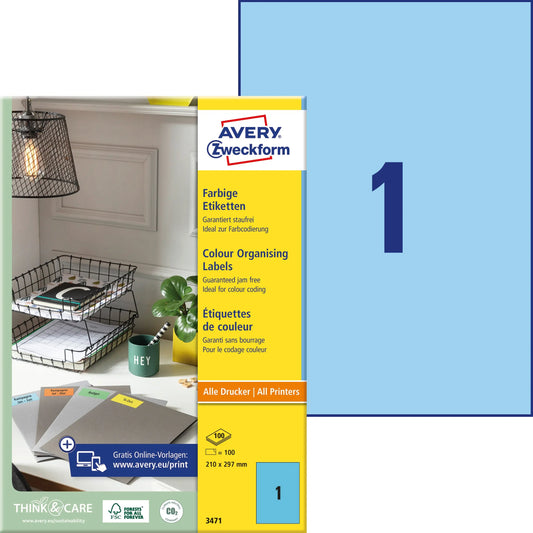 AVERY ZWECKFORM Etiketten A4 3471 blau 100 Stück Idealshop