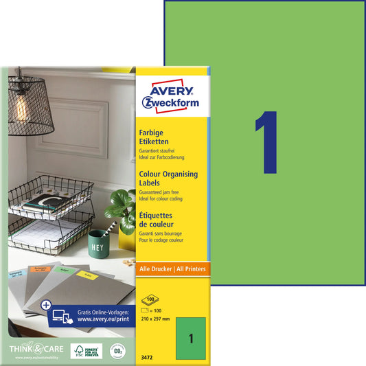 AVERY ZWECKFORM Etiketten A4 3472 grün 100 Stück Idealshop