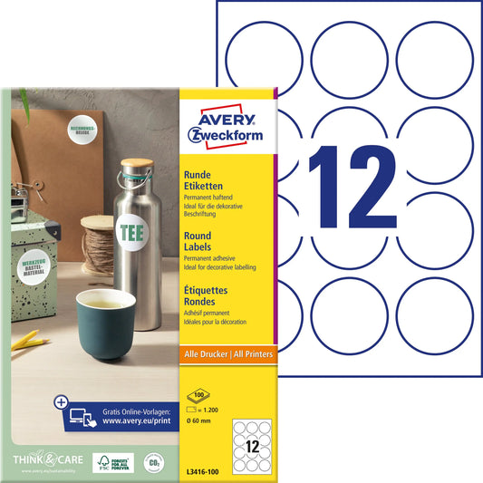 AVERY ZWECKFORM Etiketten A4/60mm L3416-100 weiss 1200 Stück Idealshop