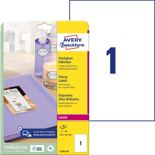 AVERY ZWECKFORM Etiketten A4 L7767-40 weiss, glossy 40 Stück Idealshop