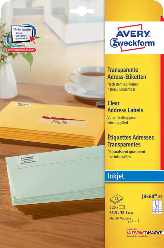 AVERY ZWECKFORM Etiketten J8560 J8560-25 63.5x38.1mm transp.525Stk.20B Idealshop