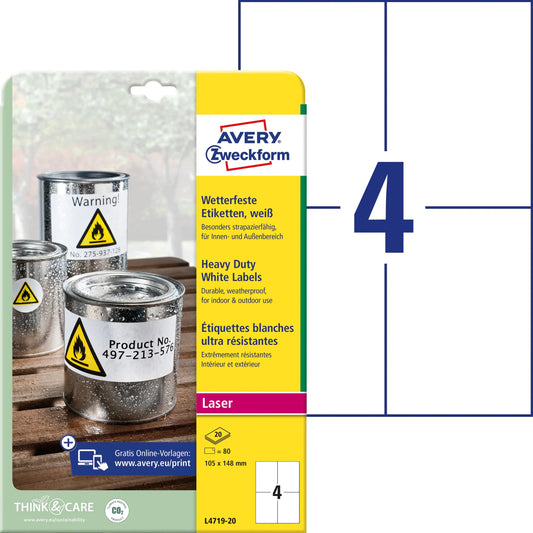 AVERY ZWECKFORM Etiketten Laser 105x148mm L471920 weiss, wetterfest 20 Blatt Idealshop