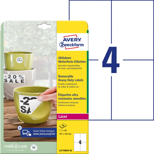 AVERY ZWECKFORM Etiketten Laser 105x148mm L4719REV2 weiss,wetterfest,ablösbar 20B. Idealshop