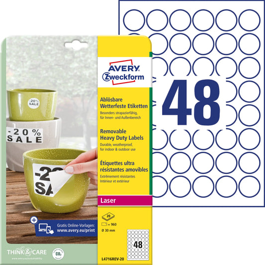 AVERY ZWECKFORM Etiketten Laser 30mm L4716REV2 weiss, non-perm. 20 Blatt Idealshop