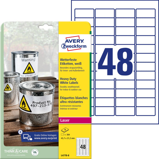 AVERY ZWECKFORM Etiketten Laser 45,7x21,2mm L47788 weiss, wetterfest 8 Blatt Idealshop