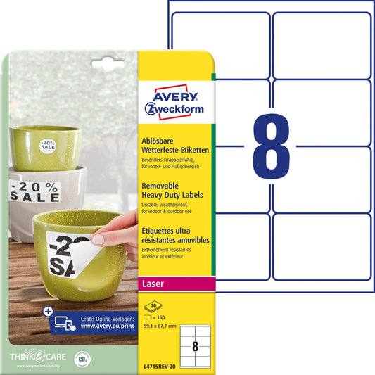 AVERY ZWECKFORM Etiketten Laser 99,1x67.7mm L4715REV2 weiss, non-perm. 20 Blatt Idealshop