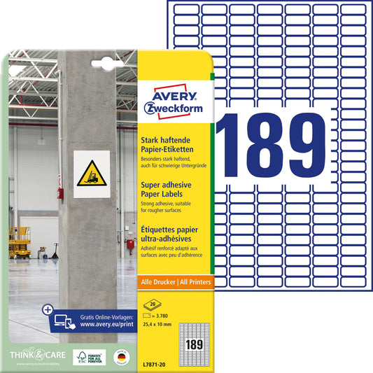 AVERY ZWECKFORM Etiketten Univ. 25.4x10mm L7871-20 weiss, stark haftend 20 Blatt Idealshop