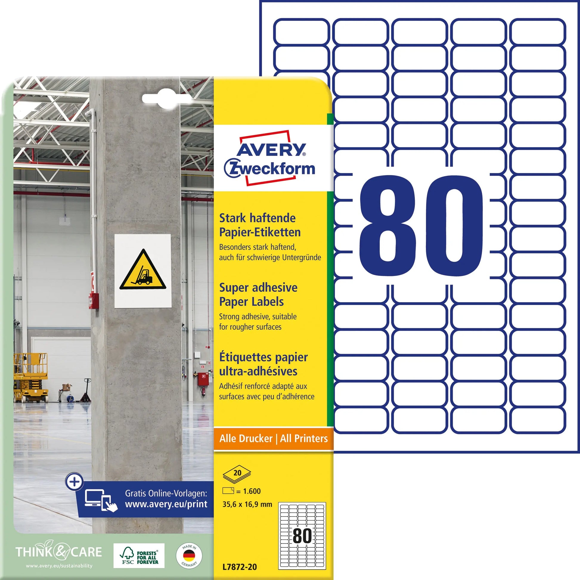AVERY ZWECKFORM Etiketten Univ. 35.6x16.9mm L7872-20 weiss, stark haftend 20 Blatt Idealshop