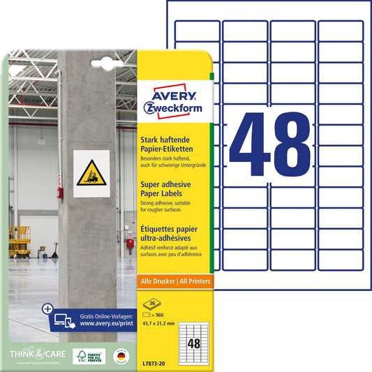 AVERY ZWECKFORM Etiketten Univ. 45.7x21.2mm L7873-20 weiss, stark haftend 20 Blatt Idealshop