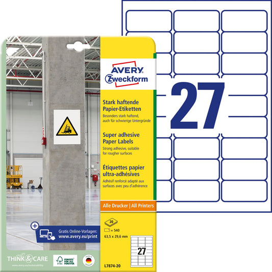 AVERY ZWECKFORM Etiketten Univ. 63.5x29.6mm L7874-20 weiss, stark haftend 20 Blatt Idealshop