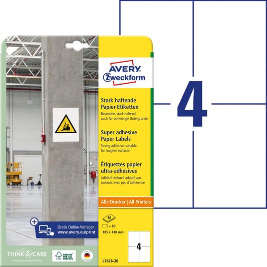AVERY ZWECKFORM Etiketten Universal 105x148mm L7876-20 weiss, stark haftend 20 Blatt Idealshop