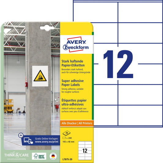 AVERY ZWECKFORM Etiketten Universal 105x48mm L7875-20 weiss, stark haftend 20 Blatt Idealshop