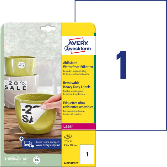 AVERY ZWECKFORM Folienetiketten 210x297mm L4775REV2 weiss,non-perm. 20 St./20 Bl. Idealshop