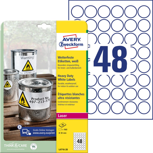 AVERY ZWECKFORM Folienetiketten 30mm L4716-20 weiss, perm. 960 St./20 Bl. Idealshop