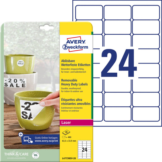 AVERY ZWECKFORM Folienetiketten 63,5x33,9mm L4773REV-20 weiss-non-perm.480 St./20 Bl. Idealshop