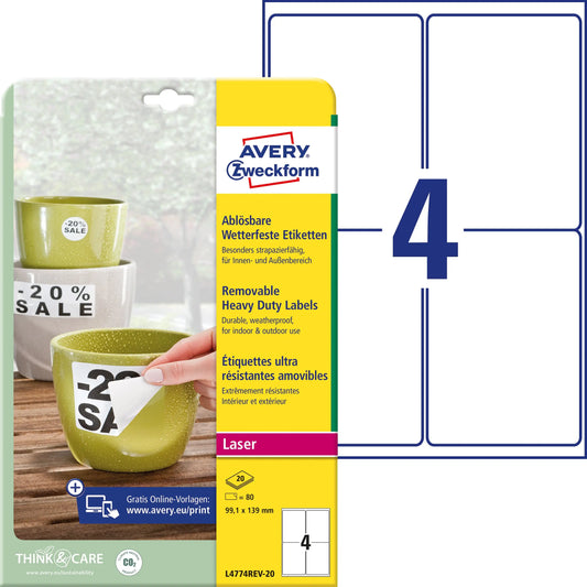 AVERY ZWECKFORM Folienetiketten 99,1x139mm L4774REV2 weiss,non-perm. 80 St. 20 Bl. Idealshop