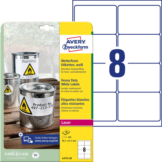 AVERY ZWECKFORM Folienetiketten 99,1x67,7mm L4715-20 weiss, perm. 160 St./20 Bl. Idealshop