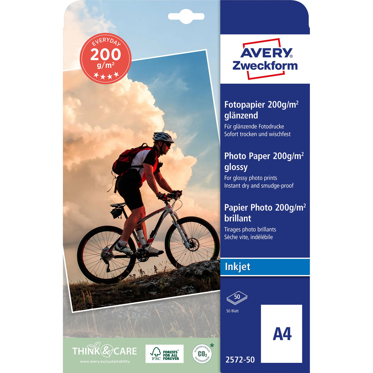 AVERY ZWECKFORM InkJet Fotopapier A4 2572-50 200g,glossy, weiss 50 Blatt Idealshop