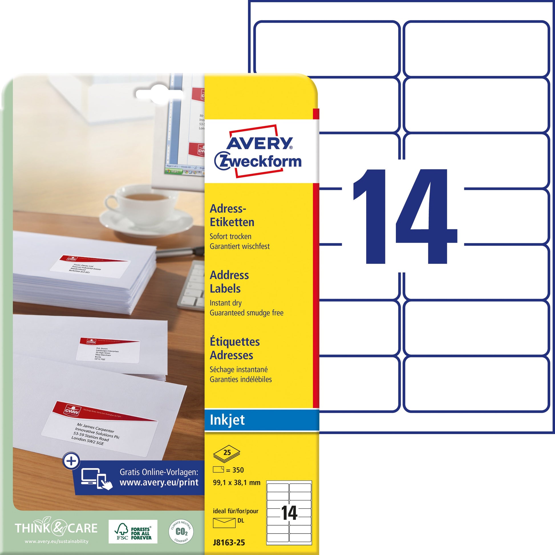 AVERY ZWECKFORM Adressetiketten 99,1x38,1mm J8163-25 weiss 350 Stück Idealshop