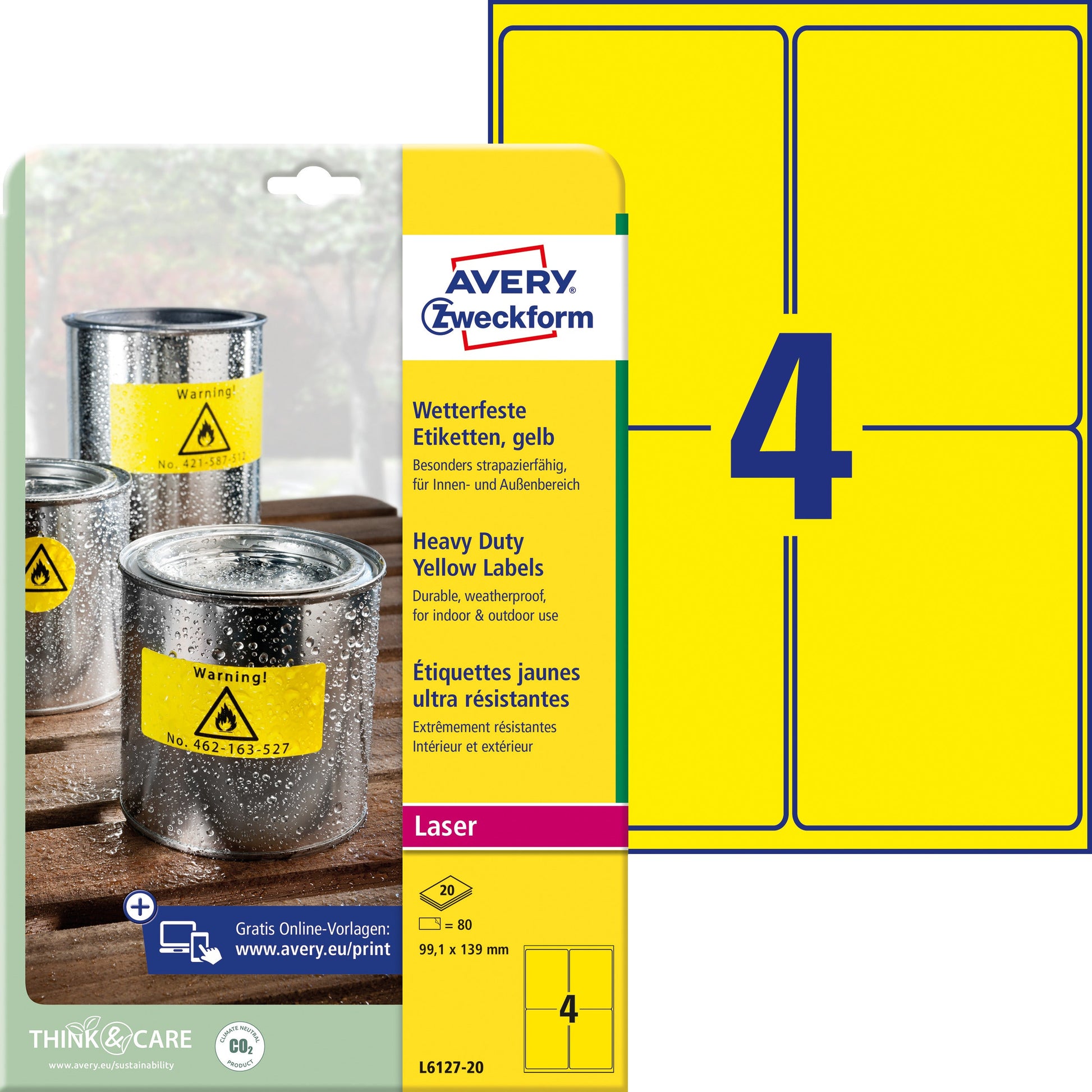 AVERY ZWECKFORM Typenschild Labels 99,1x139mm L612720 gelb 80 Stück/20 Blatt Idealshop