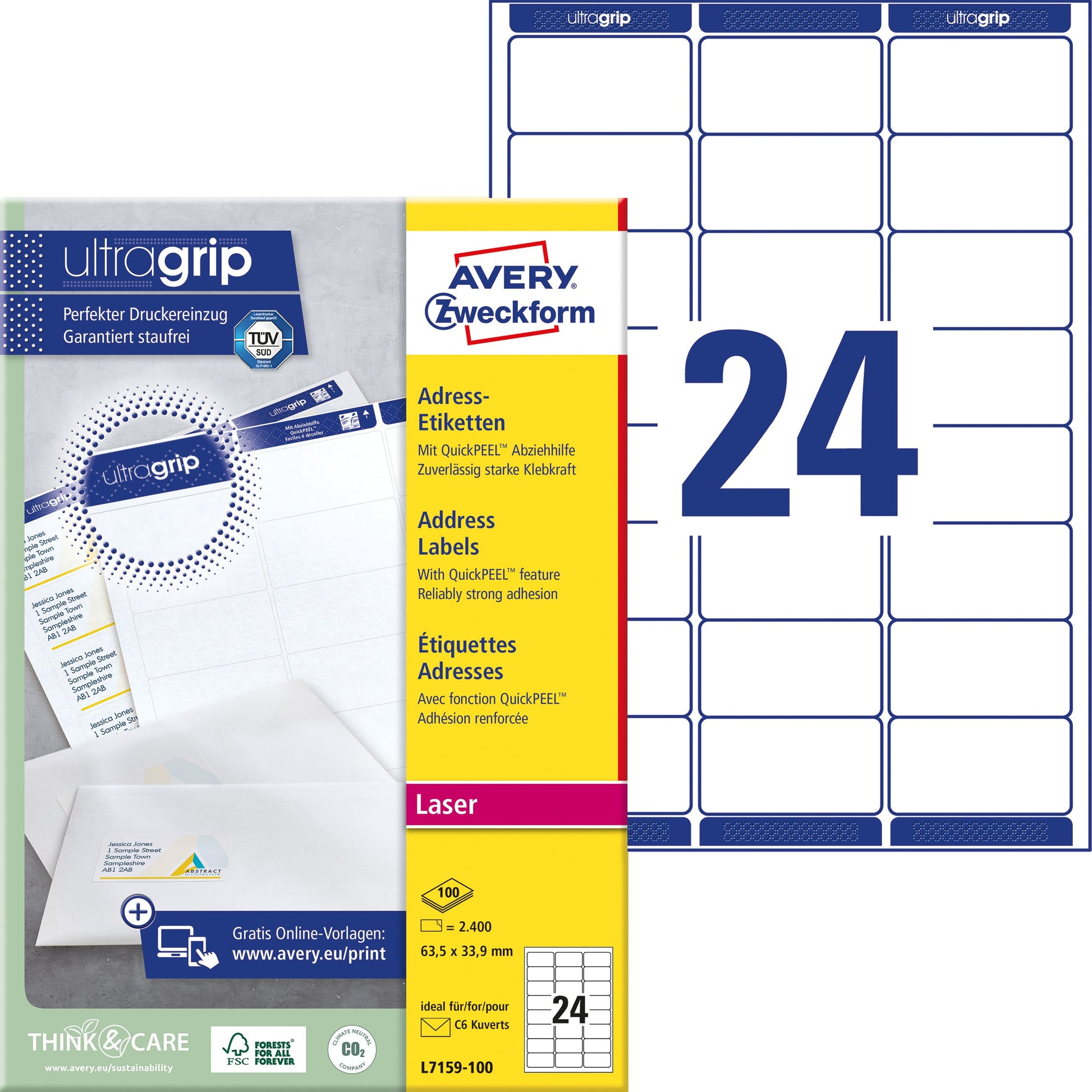 AVERY ZWECKFORM Adressetiketten 63,5x33,9mm L7159-100 weiss 2400 Stk./100 Blatt Idealshop