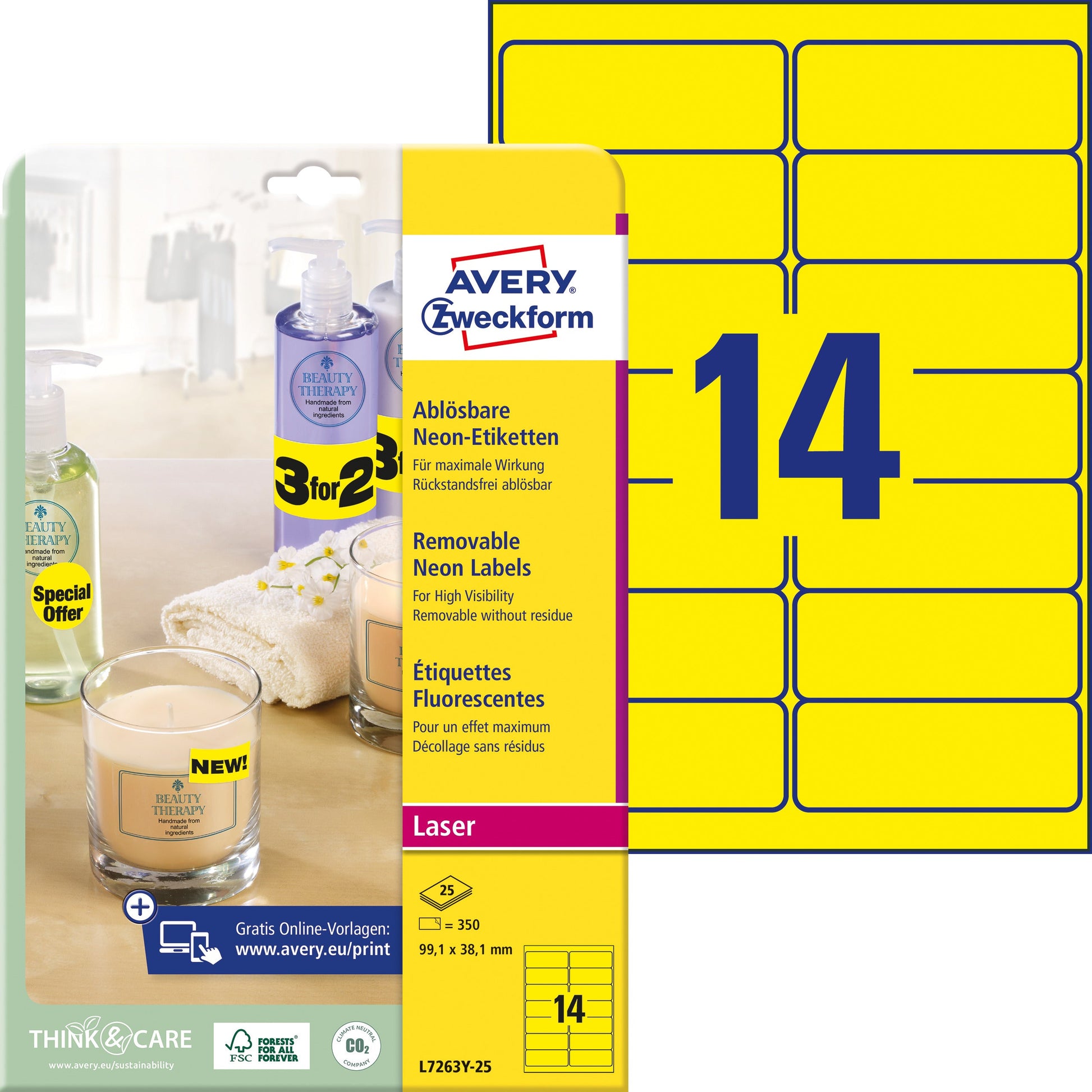AVERY ZWECKFORM Etiketten 99,1x38,1mm L7263Y-25 gelb 350 Stück Idealshop