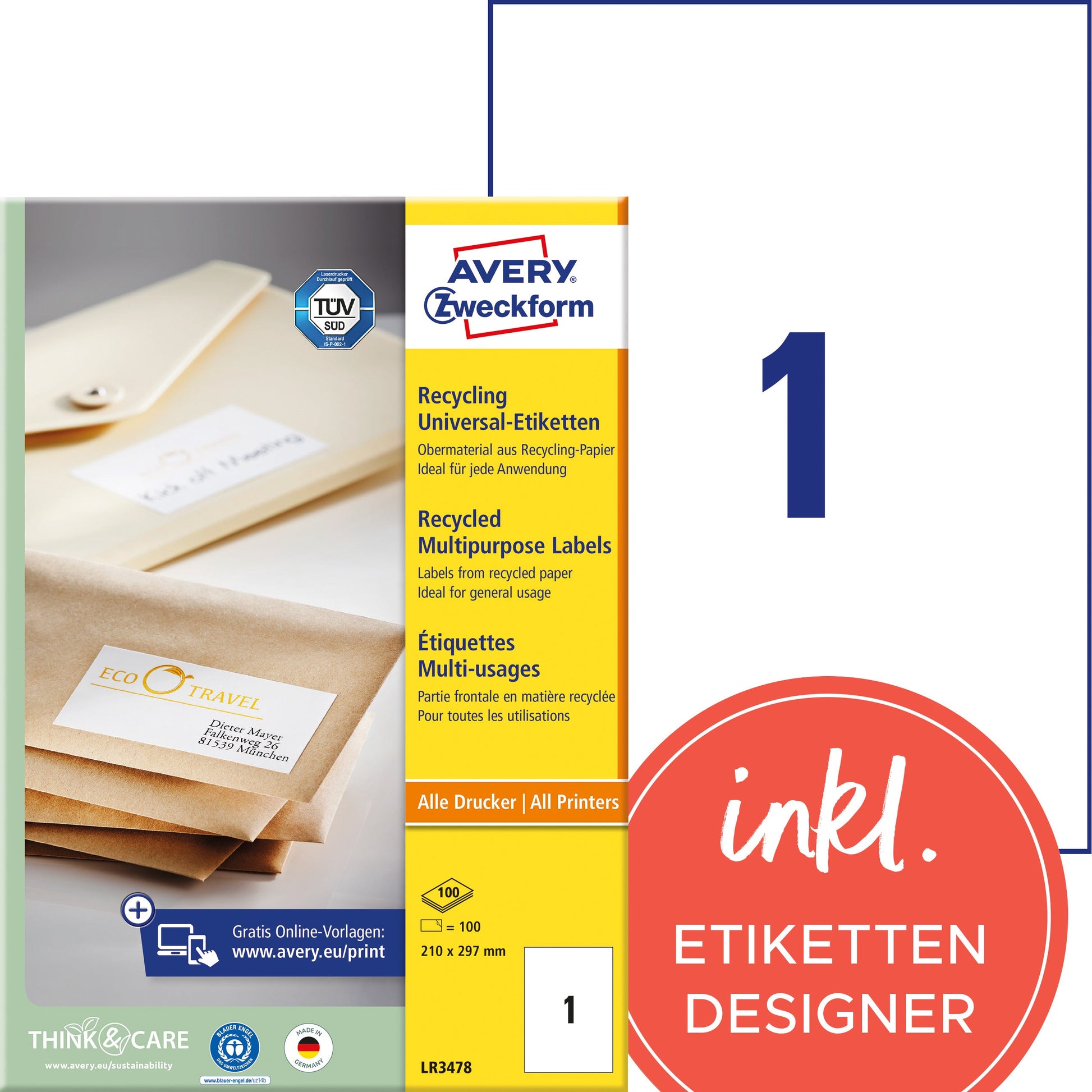 AVERY ZWECKFORM Etiketten 210x297mm LR3478 recycling 100 Stück Idealshop