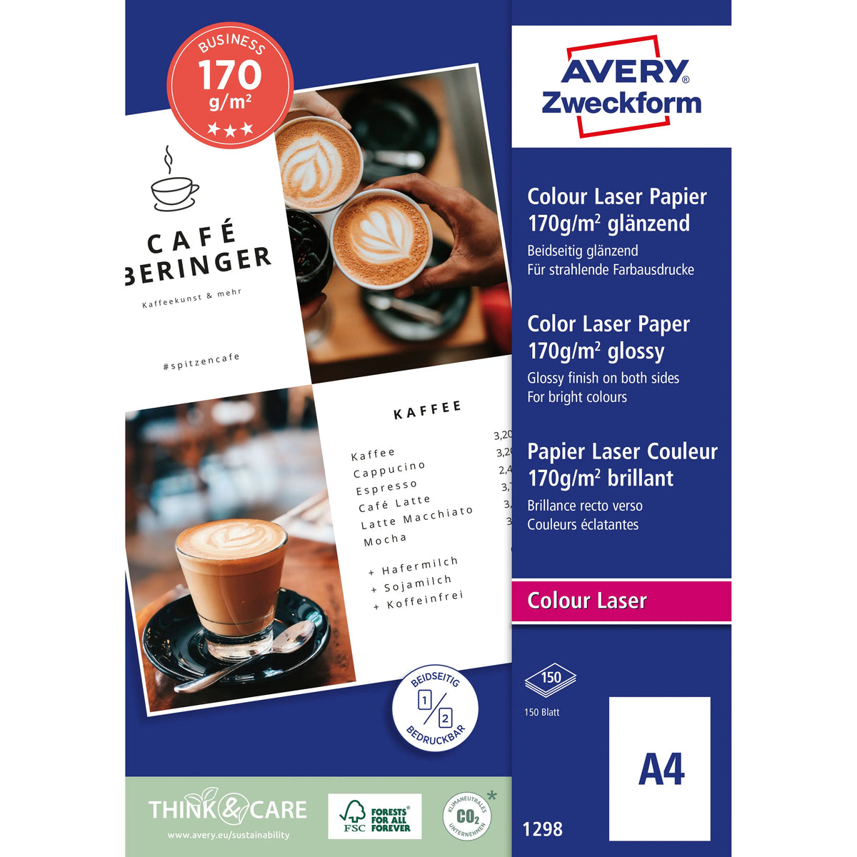 AVERY ZWECKFORM Laser Fotopapier A4 1298 170g, weiss 150 Blatt Idealshop