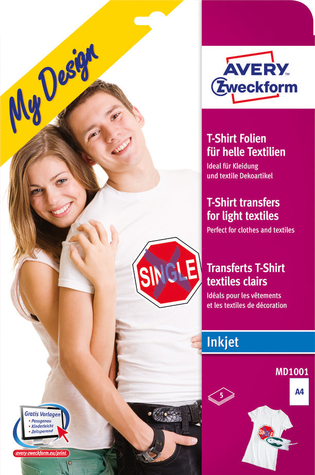 AVERY ZWECKFORM Textilfolie Iron-on A4 MD1001 Inkjet helle Textilien 5 Stk. Idealshop