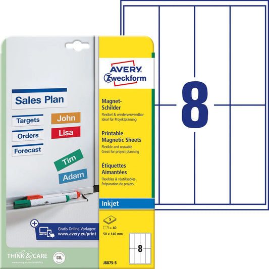 AVERY ZWECKFORM Magnet-Schilder 50x140mm OJ8875-5 weiss 40 Stück/5 Blatt Idealshop