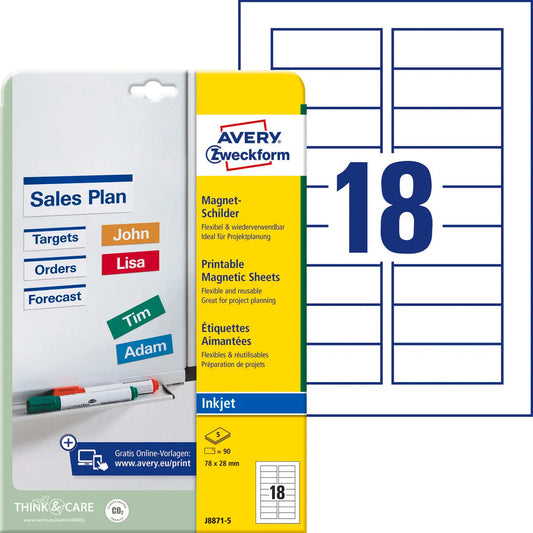 AVERY ZWECKFORM Magnet-Schilder 78x28mm J8871-5 Inkjet 90 Stk./5 Bl. Idealshop
