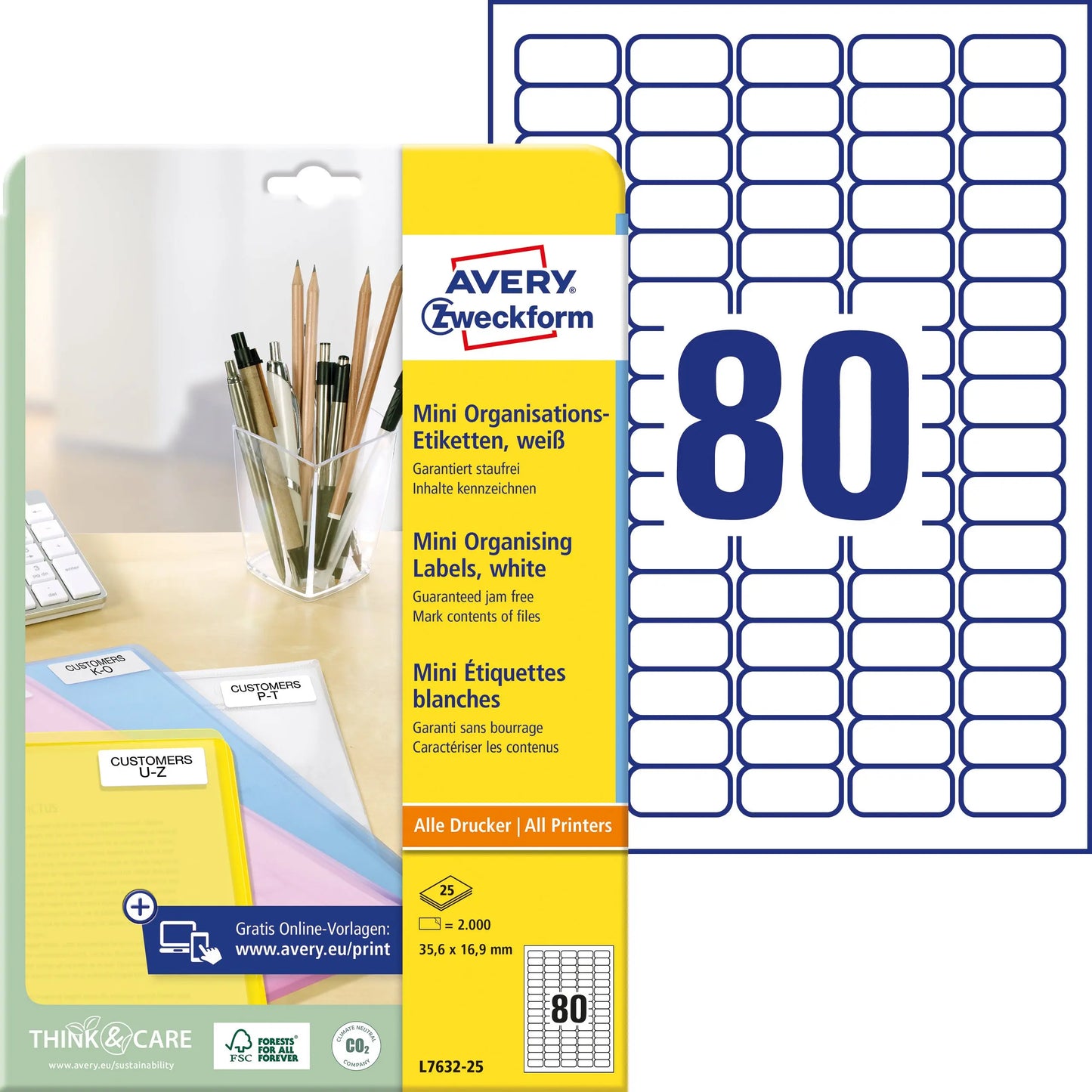 AVERY ZWECKFORM Mini Etiketten weiss L7632-25 2000 Stk./25 Blatt Idealshop
