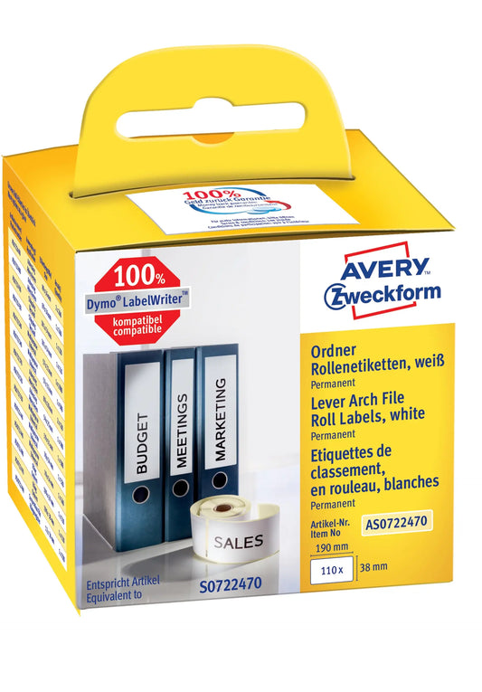 AVERY ZWECKFORM Ordner-Etiketten 190x38mm AS0722470 weiss, Rolle 110 Stück Idealshop