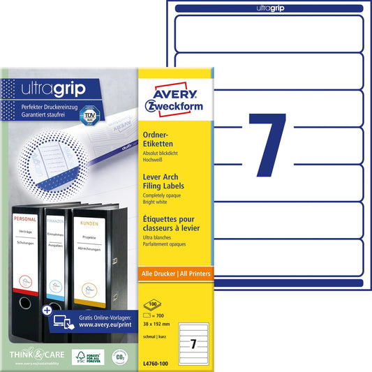 AVERY ZWECKFORM Ordner-Etiketten 38x192mm L4760-100 weiss 700 Stück/100 Blatt Idealshop