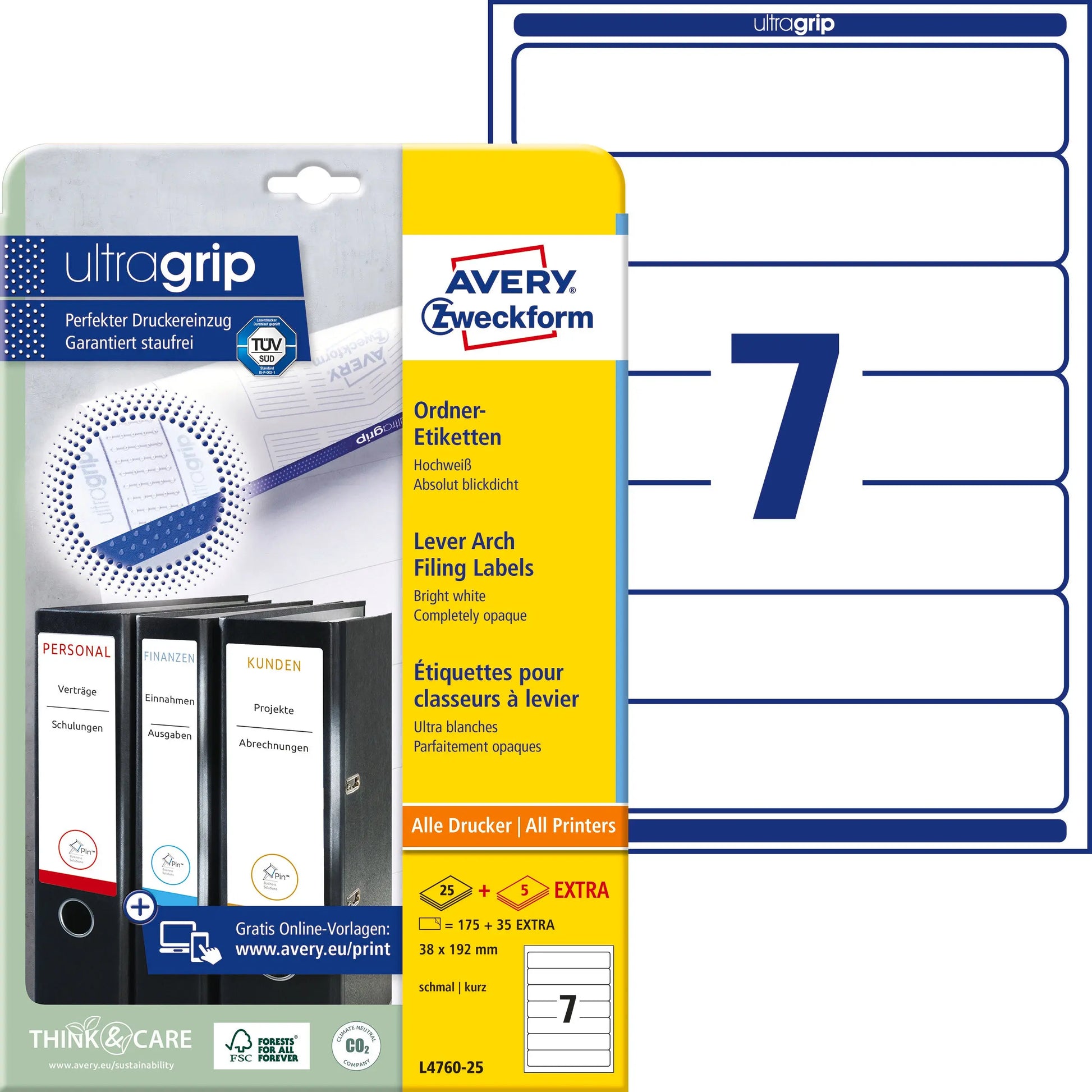 AVERY ZWECKFORM Ordner-Etiketten 38x192mm L4760-25 weiss 210 Stück/25 + 5 Blatt Idealshop