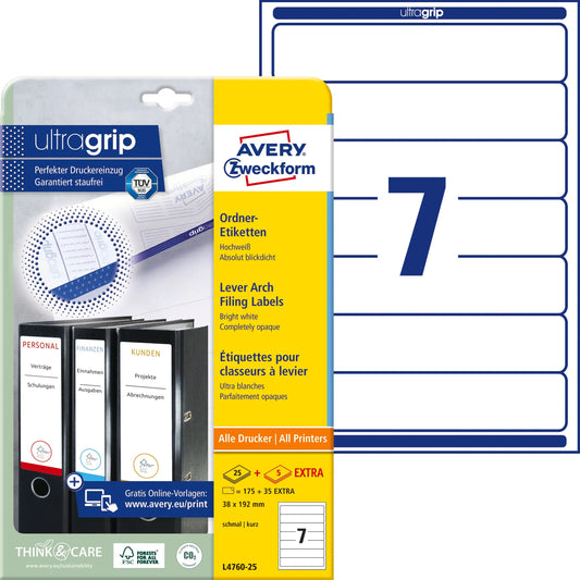 AVERY ZWECKFORM Ordner-Etiketten 38x192mm L4760-25 weiss 210 Stück/25 + 5 Blatt Idealshop