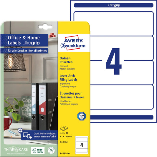 AVERY ZWECKFORM Ordner-Etiketten 61x192mm L4761-100 weiss 400 Stück/100 Blatt Idealshop