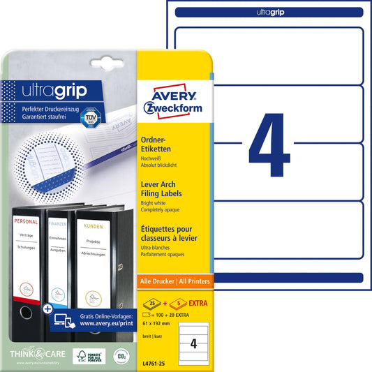 AVERY ZWECKFORM Ordner-Etiketten 61x192mm L4761-25 weiss 120 Stück/25 + 5 Blatt Idealshop